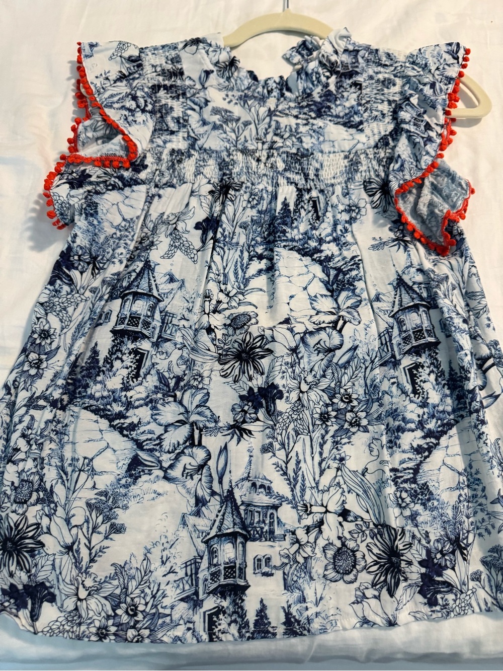 Women’s Navy Toile Print Top with Coral Trim